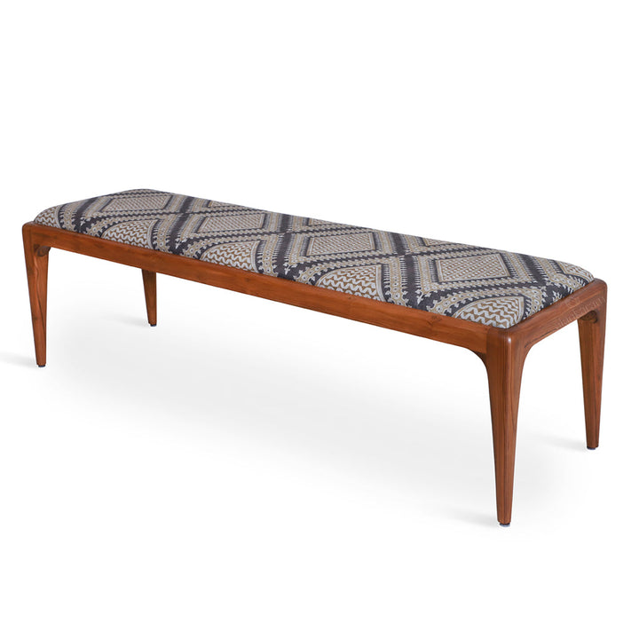 Sira - Teakwood Bench with Black Geometrical Print Fabric